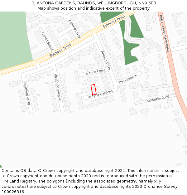 3, ANTONA GARDENS, RAUNDS, WELLINGBOROUGH, NN9 6EB: Location map and indicative extent of plot