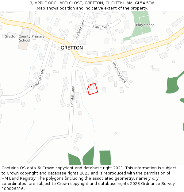3, APPLE ORCHARD CLOSE, GRETTON, CHELTENHAM, GL54 5DA: Location map and indicative extent of plot