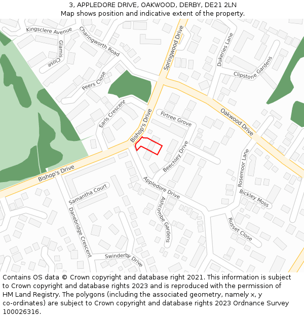 3, APPLEDORE DRIVE, OAKWOOD, DERBY, DE21 2LN: Location map and indicative extent of plot