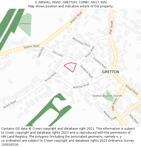 3, ARNHILL ROAD, GRETTON, CORBY, NN17 3DN: Location map and indicative extent of plot