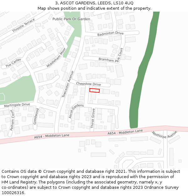 3, ASCOT GARDENS, LEEDS, LS10 4UQ: Location map and indicative extent of plot