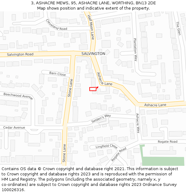 3, ASHACRE MEWS, 95, ASHACRE LANE, WORTHING, BN13 2DE: Location map and indicative extent of plot