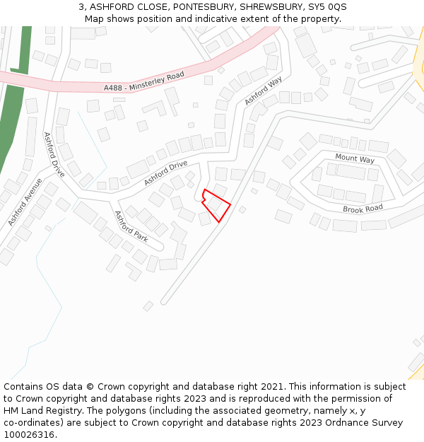 3, ASHFORD CLOSE, PONTESBURY, SHREWSBURY, SY5 0QS: Location map and indicative extent of plot