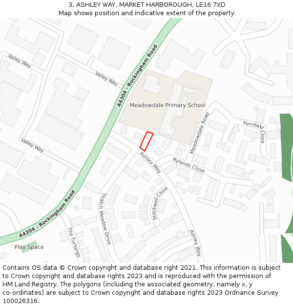 3, ASHLEY WAY, MARKET HARBOROUGH, LE16 7XD: Location map and indicative extent of plot