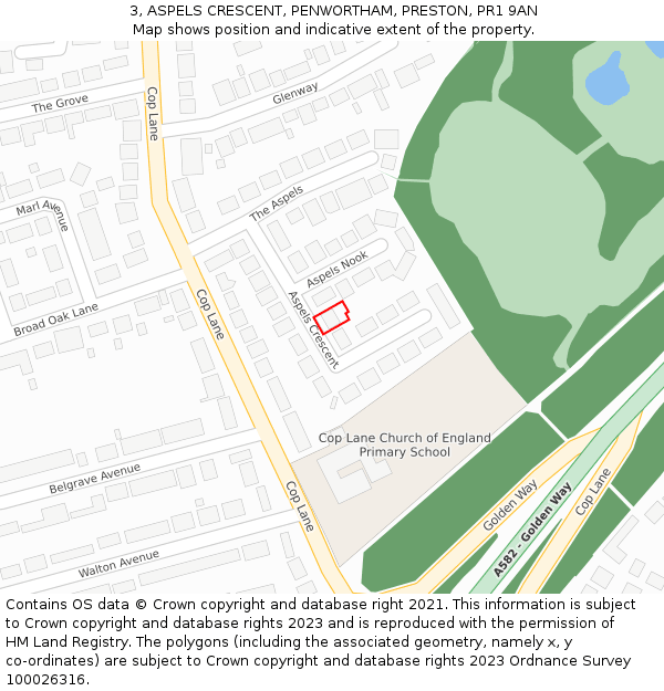 3, ASPELS CRESCENT, PENWORTHAM, PRESTON, PR1 9AN: Location map and indicative extent of plot