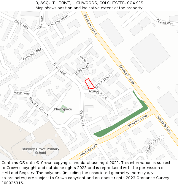 3, ASQUITH DRIVE, HIGHWOODS, COLCHESTER, CO4 9FS: Location map and indicative extent of plot