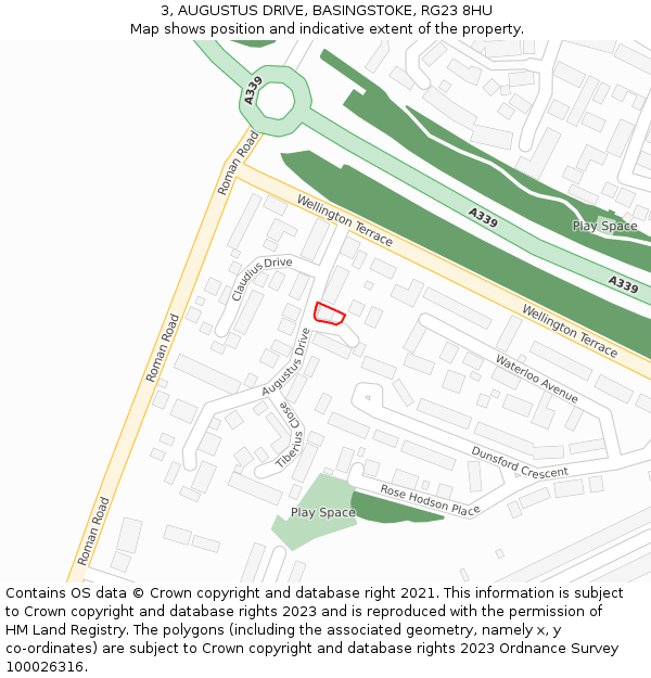 3, AUGUSTUS DRIVE, BASINGSTOKE, RG23 8HU: Location map and indicative extent of plot