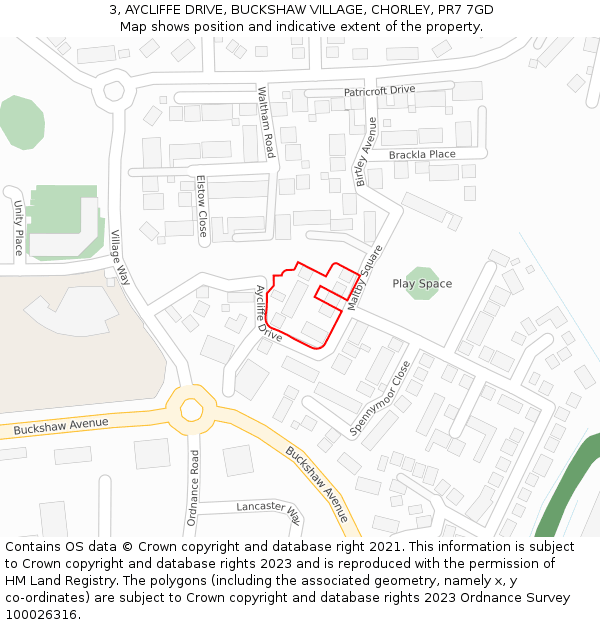 3, AYCLIFFE DRIVE, BUCKSHAW VILLAGE, CHORLEY, PR7 7GD: Location map and indicative extent of plot