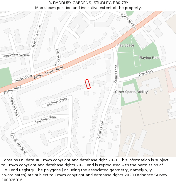 3, BADBURY GARDENS, STUDLEY, B80 7RY: Location map and indicative extent of plot
