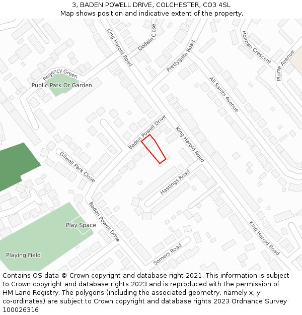 3, BADEN POWELL DRIVE, COLCHESTER, CO3 4SL: Location map and indicative extent of plot