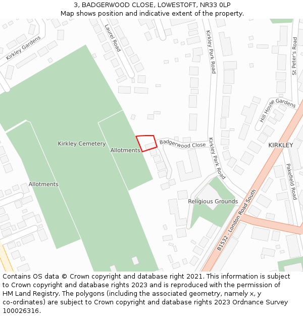 3, BADGERWOOD CLOSE, LOWESTOFT, NR33 0LP: Location map and indicative extent of plot