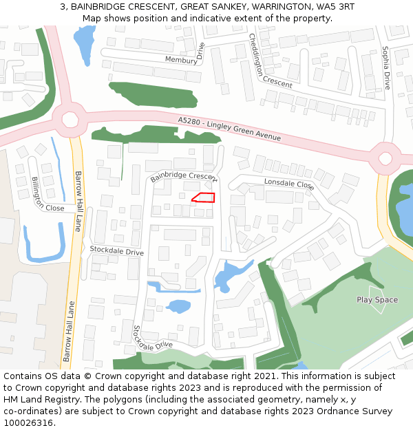 3, BAINBRIDGE CRESCENT, GREAT SANKEY, WARRINGTON, WA5 3RT: Location map and indicative extent of plot