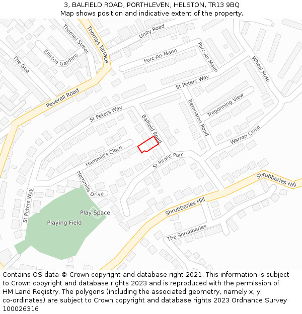 3, BALFIELD ROAD, PORTHLEVEN, HELSTON, TR13 9BQ: Location map and indicative extent of plot