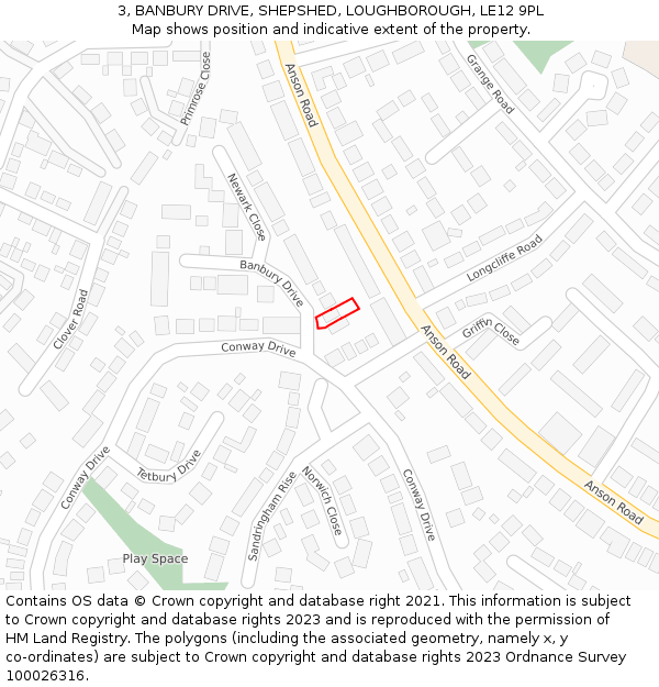 3, BANBURY DRIVE, SHEPSHED, LOUGHBOROUGH, LE12 9PL: Location map and indicative extent of plot