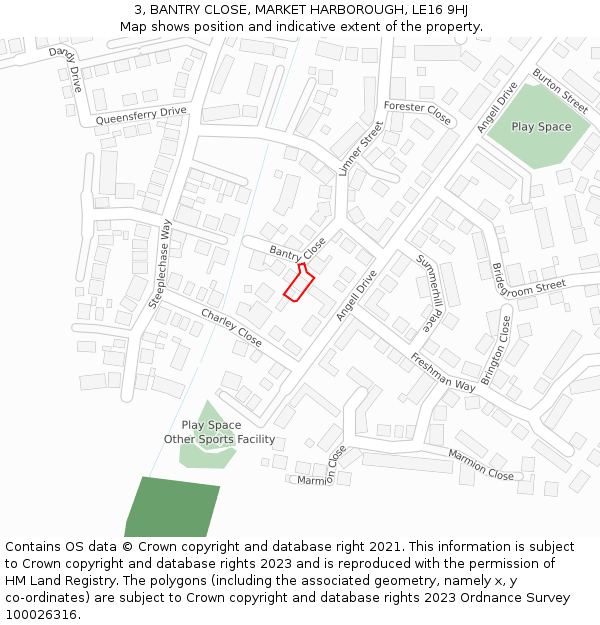 3, BANTRY CLOSE, MARKET HARBOROUGH, LE16 9HJ: Location map and indicative extent of plot