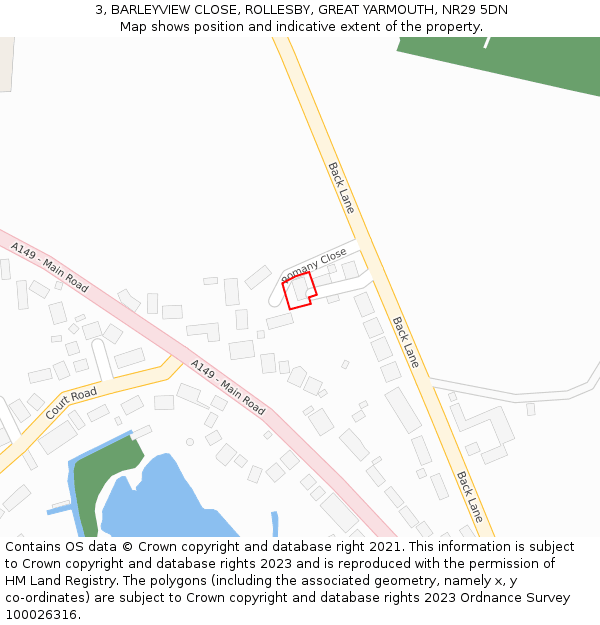 3, BARLEYVIEW CLOSE, ROLLESBY, GREAT YARMOUTH, NR29 5DN: Location map and indicative extent of plot