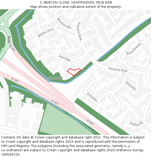 3, BEACON CLOSE, HUNTINGDON, PE29 6GB: Location map and indicative extent of plot