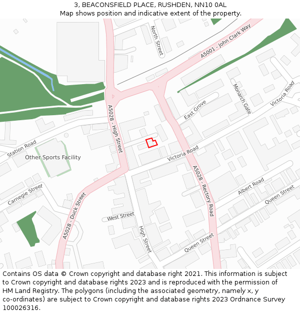 3, BEACONSFIELD PLACE, RUSHDEN, NN10 0AL: Location map and indicative extent of plot
