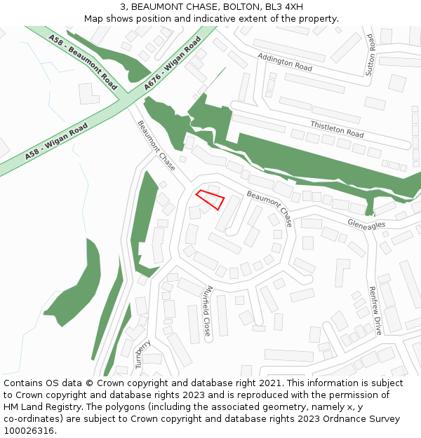 3, BEAUMONT CHASE, BOLTON, BL3 4XH: Location map and indicative extent of plot