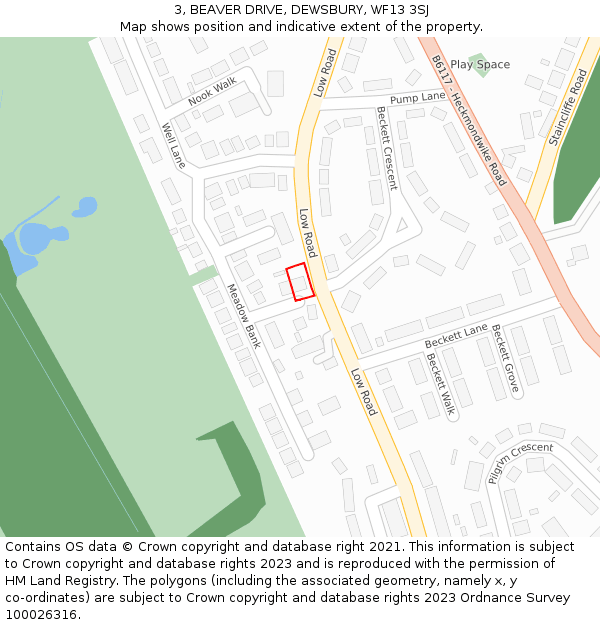 3, BEAVER DRIVE, DEWSBURY, WF13 3SJ: Location map and indicative extent of plot