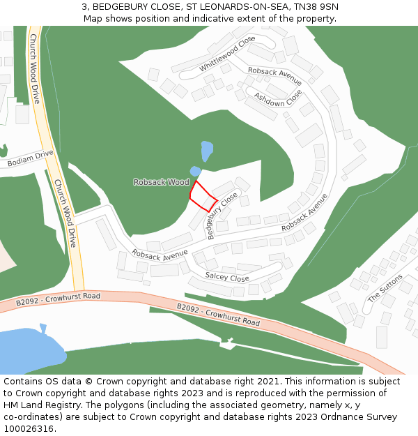 3, BEDGEBURY CLOSE, ST LEONARDS-ON-SEA, TN38 9SN: Location map and indicative extent of plot