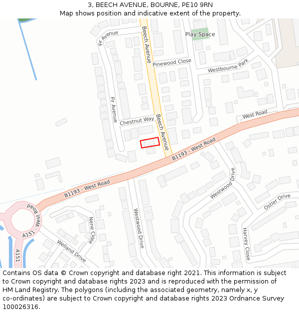 3, BEECH AVENUE, BOURNE, PE10 9RN: Location map and indicative extent of plot