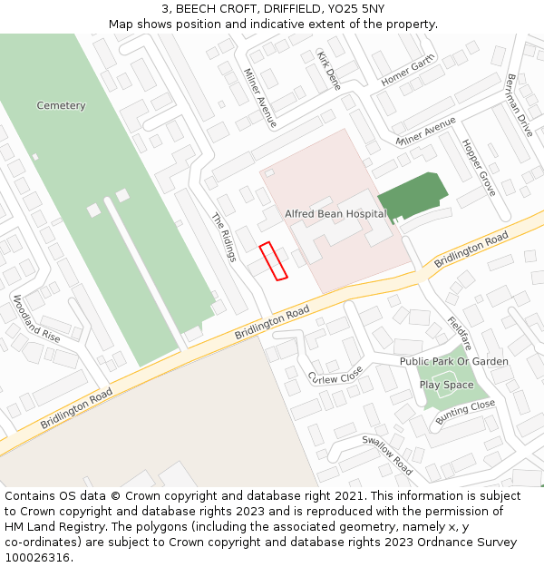 3, BEECH CROFT, DRIFFIELD, YO25 5NY: Location map and indicative extent of plot