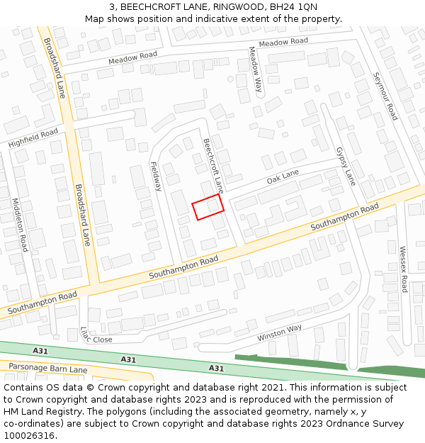 3, BEECHCROFT LANE, RINGWOOD, BH24 1QN: Location map and indicative extent of plot