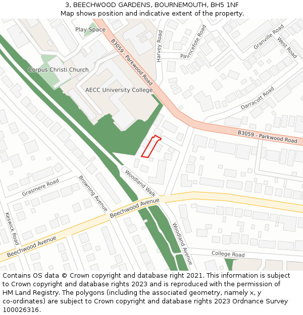 3, BEECHWOOD GARDENS, BOURNEMOUTH, BH5 1NF: Location map and indicative extent of plot