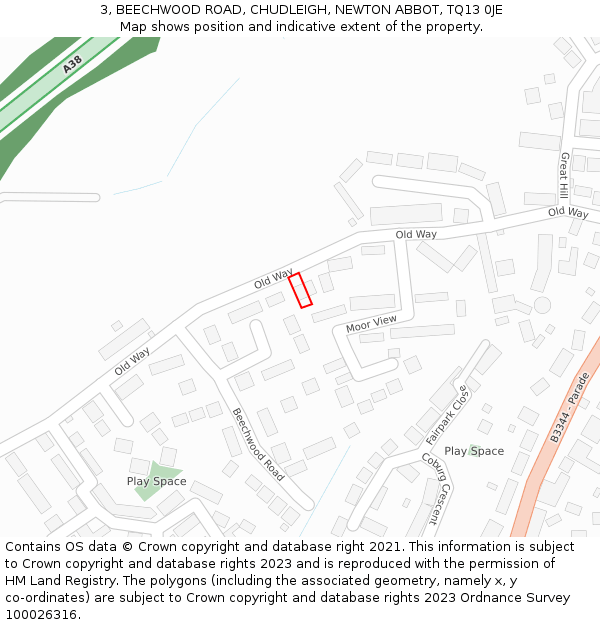 3, BEECHWOOD ROAD, CHUDLEIGH, NEWTON ABBOT, TQ13 0JE: Location map and indicative extent of plot