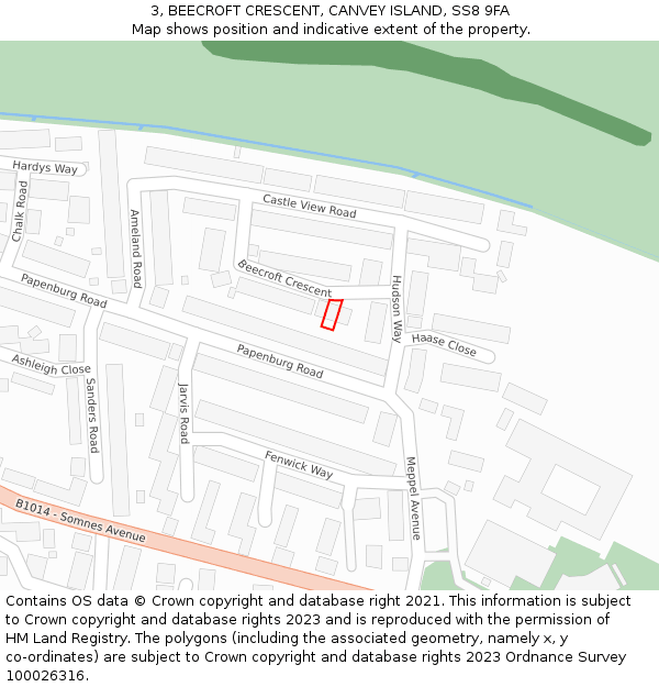 3, BEECROFT CRESCENT, CANVEY ISLAND, SS8 9FA: Location map and indicative extent of plot