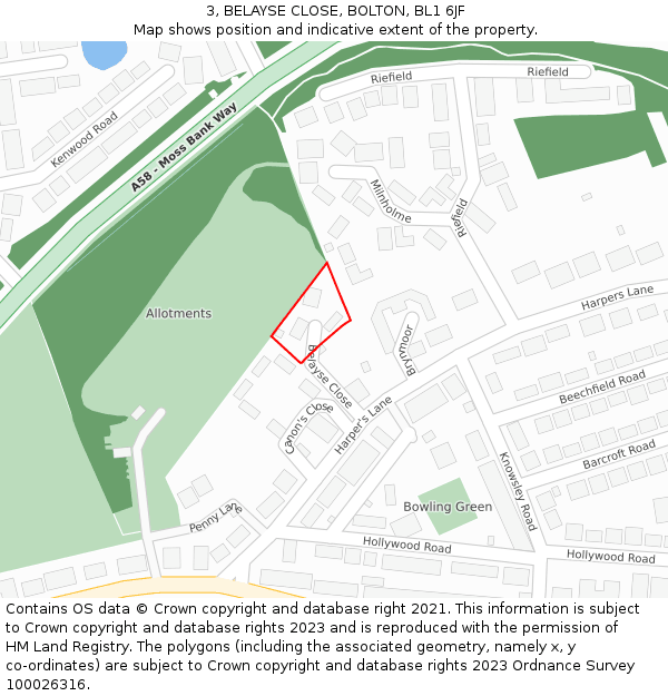 3, BELAYSE CLOSE, BOLTON, BL1 6JF: Location map and indicative extent of plot