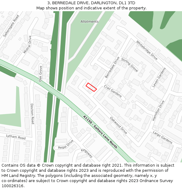 3, BERRIEDALE DRIVE, DARLINGTON, DL1 3TD: Location map and indicative extent of plot