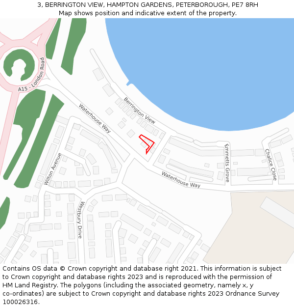 3, BERRINGTON VIEW, HAMPTON GARDENS, PETERBOROUGH, PE7 8RH: Location map and indicative extent of plot
