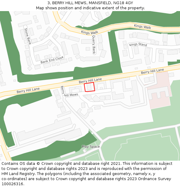 3, BERRY HILL MEWS, MANSFIELD, NG18 4GY: Location map and indicative extent of plot