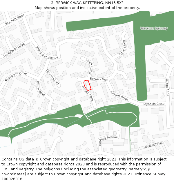 3, BERWICK WAY, KETTERING, NN15 5XF: Location map and indicative extent of plot