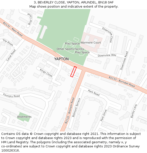 3, BEVERLEY CLOSE, YAPTON, ARUNDEL, BN18 0AF: Location map and indicative extent of plot