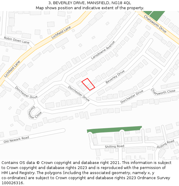 3, BEVERLEY DRIVE, MANSFIELD, NG18 4QL: Location map and indicative extent of plot