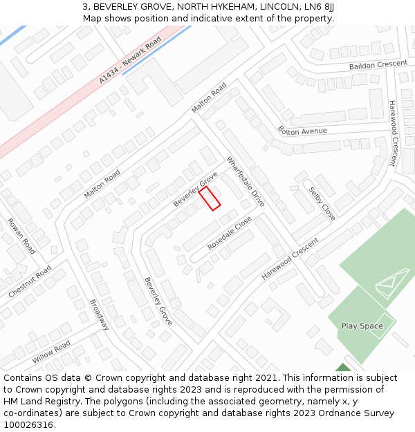 3, BEVERLEY GROVE, NORTH HYKEHAM, LINCOLN, LN6 8JJ: Location map and indicative extent of plot