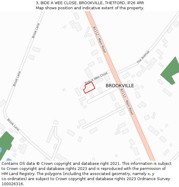 3, BIDE A WEE CLOSE, BROOKVILLE, THETFORD, IP26 4RR: Location map and indicative extent of plot