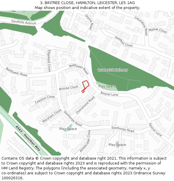 3, BINTREE CLOSE, HAMILTON, LEICESTER, LE5 1AG: Location map and indicative extent of plot