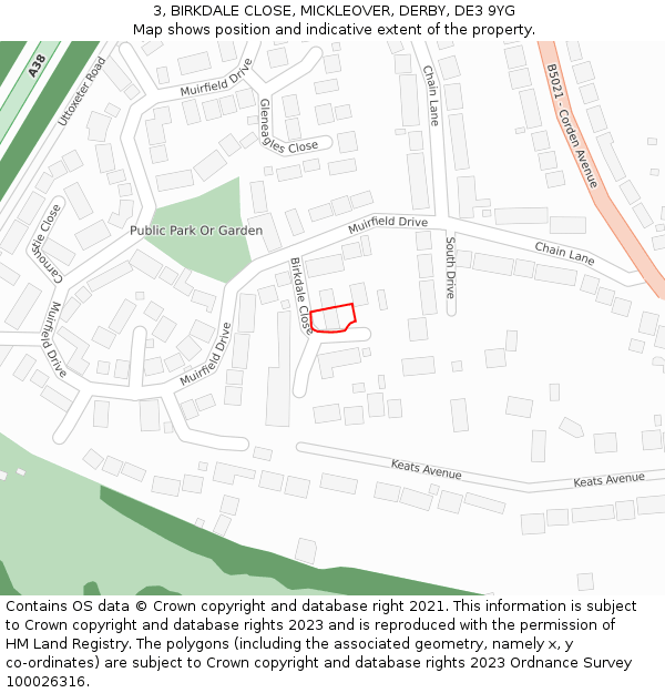 3, BIRKDALE CLOSE, MICKLEOVER, DERBY, DE3 9YG: Location map and indicative extent of plot