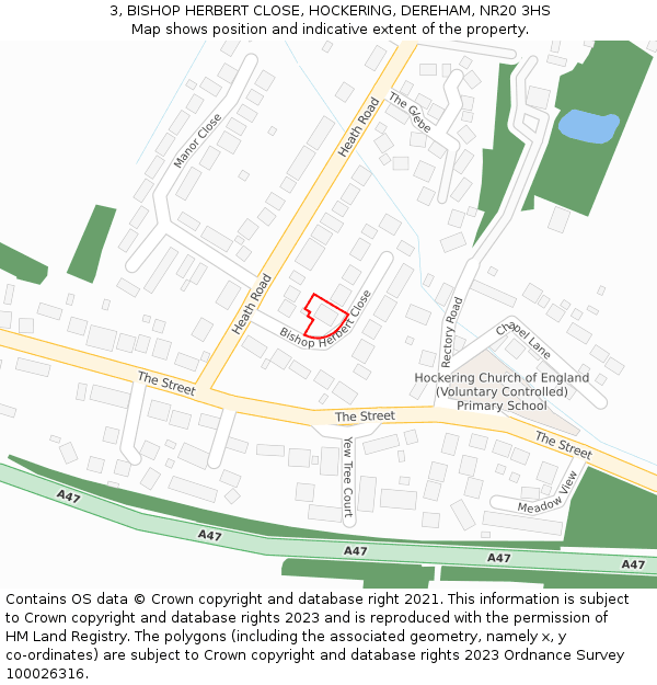 3, BISHOP HERBERT CLOSE, HOCKERING, DEREHAM, NR20 3HS: Location map and indicative extent of plot