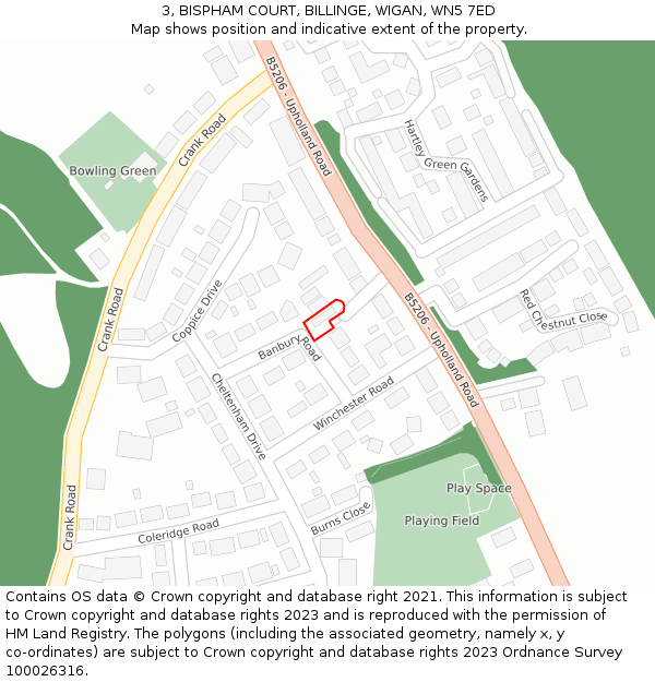 3, BISPHAM COURT, BILLINGE, WIGAN, WN5 7ED: Location map and indicative extent of plot