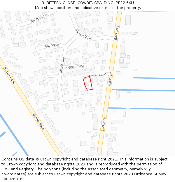 3, BITTERN CLOSE, COWBIT, SPALDING, PE12 6XU: Location map and indicative extent of plot