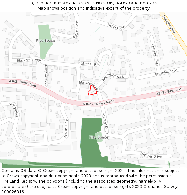 3, BLACKBERRY WAY, MIDSOMER NORTON, RADSTOCK, BA3 2RN: Location map and indicative extent of plot