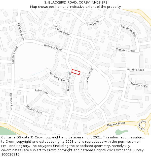 3, BLACKBIRD ROAD, CORBY, NN18 8FE: Location map and indicative extent of plot
