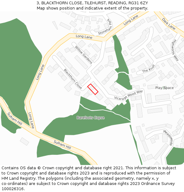 3, BLACKTHORN CLOSE, TILEHURST, READING, RG31 6ZY: Location map and indicative extent of plot