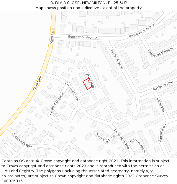 3, BLAIR CLOSE, NEW MILTON, BH25 5UP: Location map and indicative extent of plot