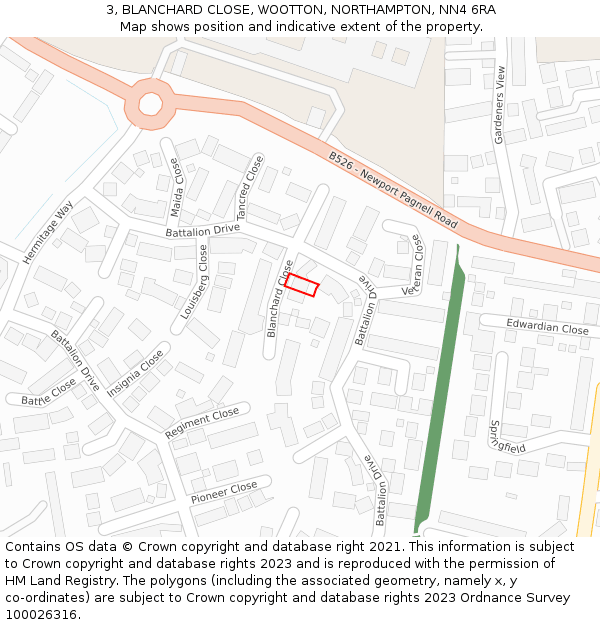 3, BLANCHARD CLOSE, WOOTTON, NORTHAMPTON, NN4 6RA: Location map and indicative extent of plot
